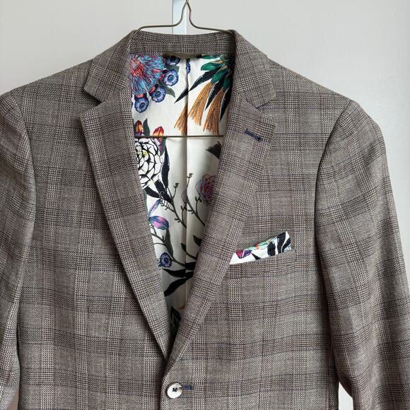 Paisley & Gray sz 36R Taupe wool Plaid Blazer Floral Lining‎ Modern Fit - Picture 3 of 10